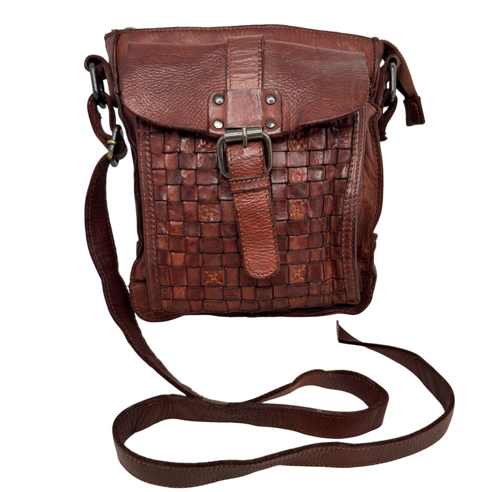 Ashwood Leather Woven Crossbody Bag Brown Flap Buckle Adjustable Strap Boho
